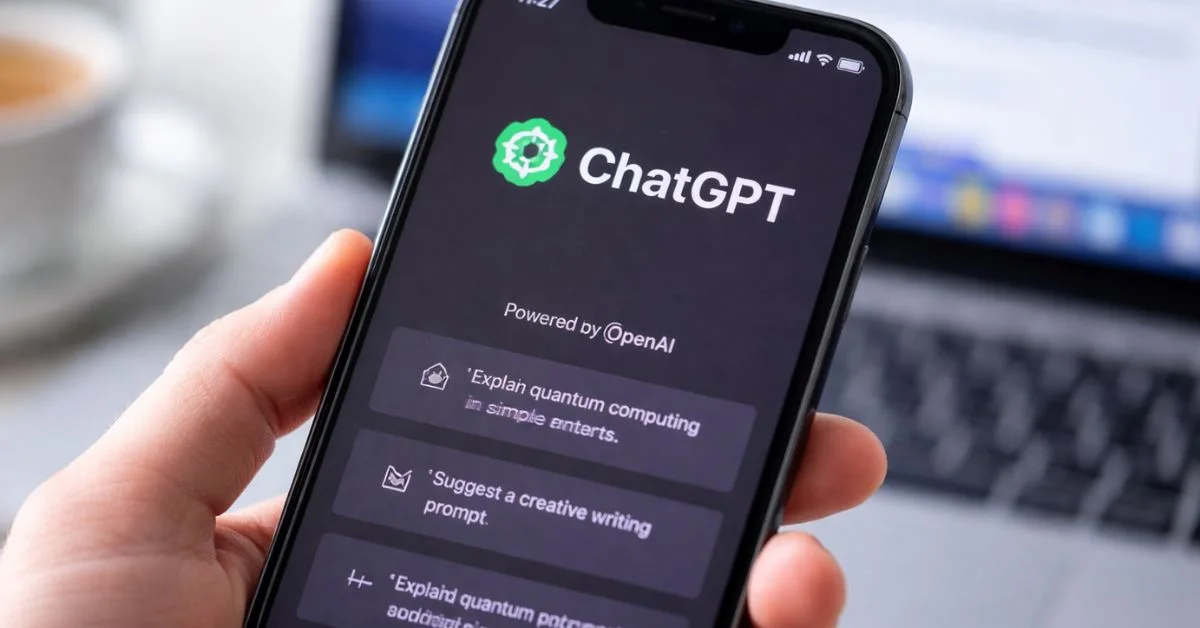 A person holding a smartphone showing the ChatGPT mobile app interface on the screen