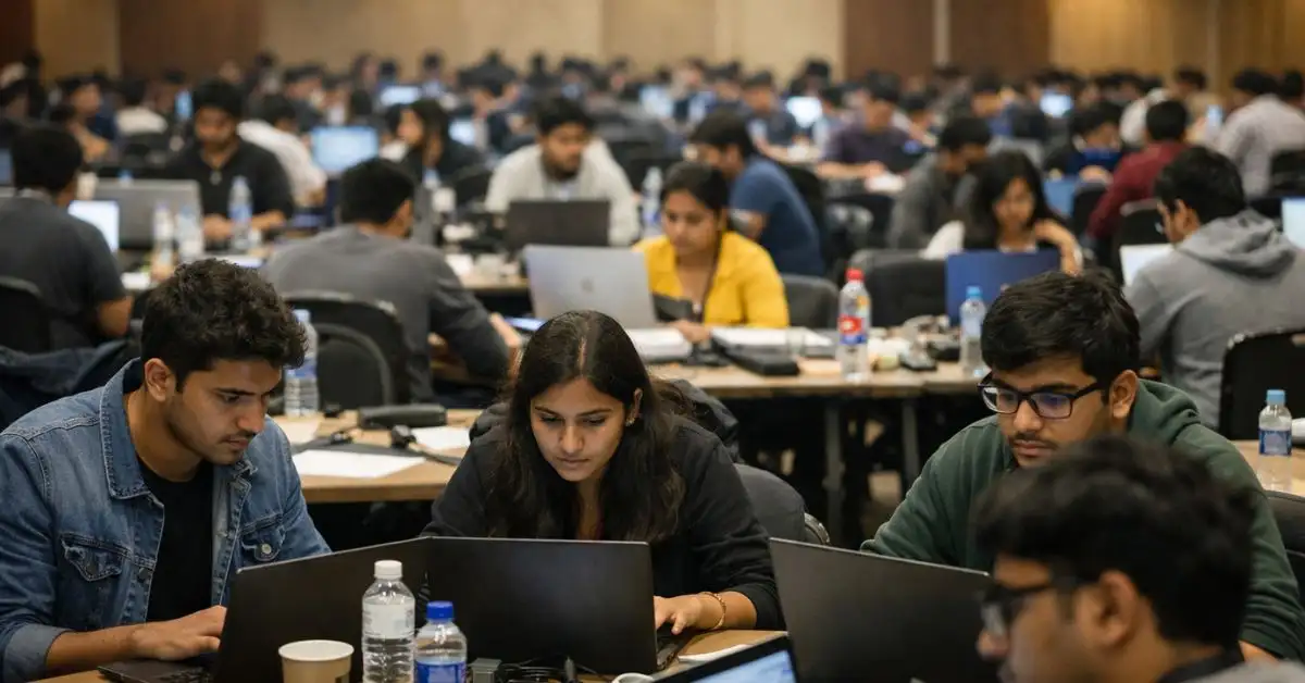Indian students working on laptops during a national generative AI hackathon