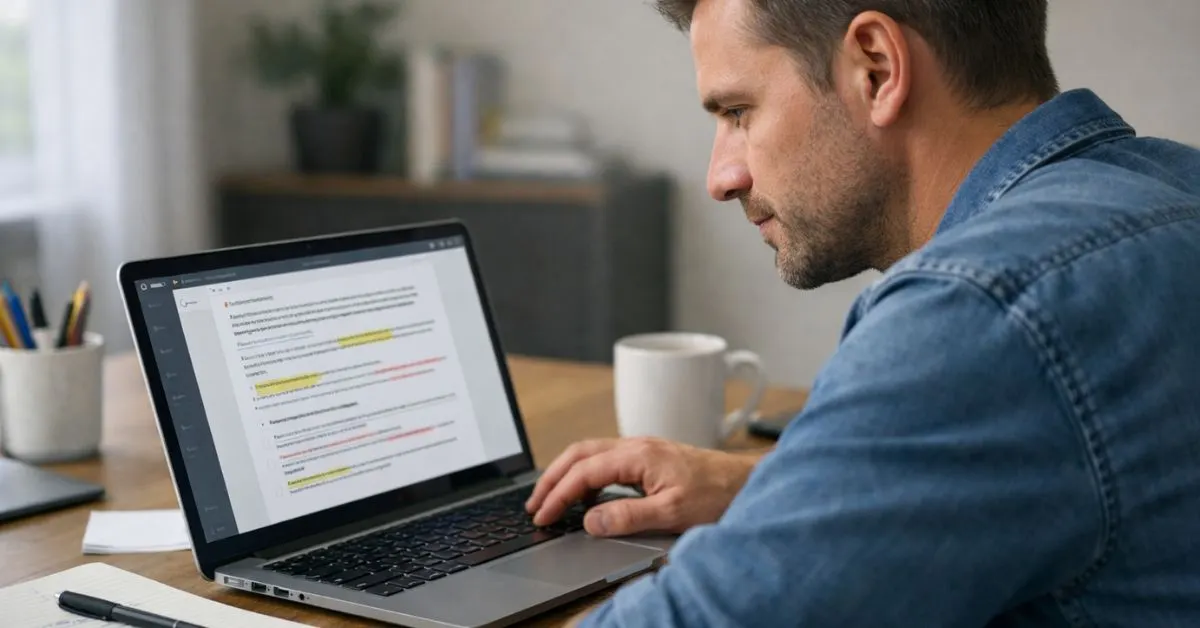 Human editor reviewing AI-generated article on a laptop before publishing