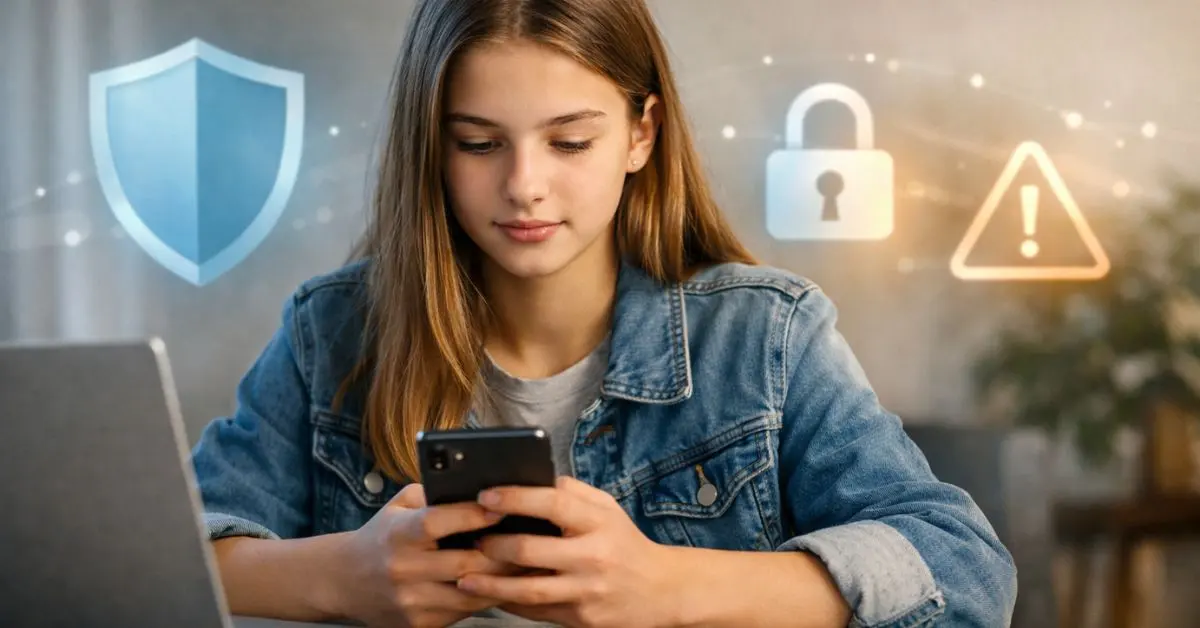 Teen using ChatGPT on a laptop with digital safety icons in the background