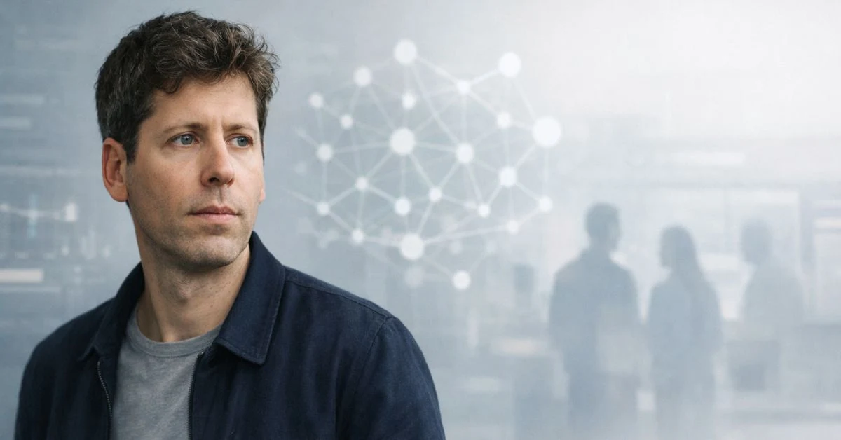 Editorial-style illustration showing Sam Altman and abstract artificial intelligence themes