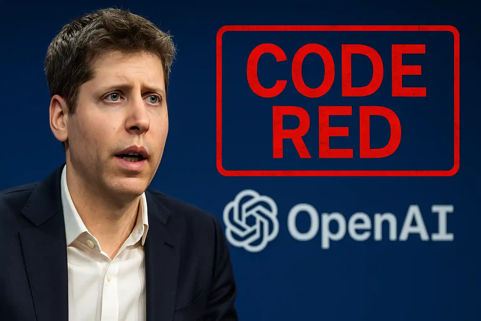 Sam Altman speaking with a concerned expression beside a red “Code Red” sign and the OpenAI logo on a dark blue background.