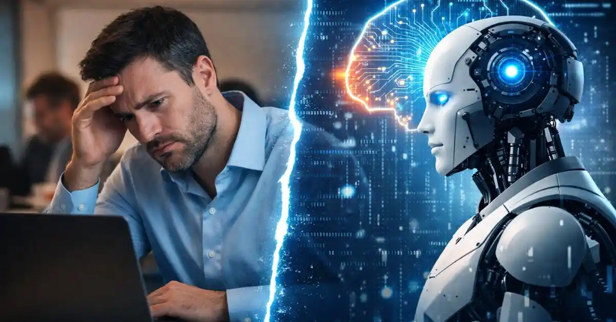 A stressed office worker facing a laptop contrasted with a humanoid AI, symbolizing fears of job loss due to artificial intelligence.