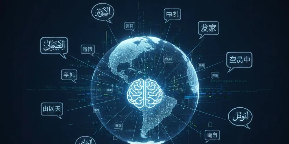 A futuristic digital globe with an AI brain icon at the center, surrounded by speech bubbles in various world languages like Arabic, Chinese, and English, representing AI-powered multilingual content creation and global translation
